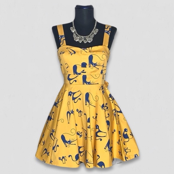 Vintage IXIA Cat Print Mini Dress Yellow Blue Small - Picture 1 of 13